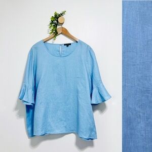 For Cynthia 100% Linen Blue Ruffle Sleeves Lagenlook Blouse